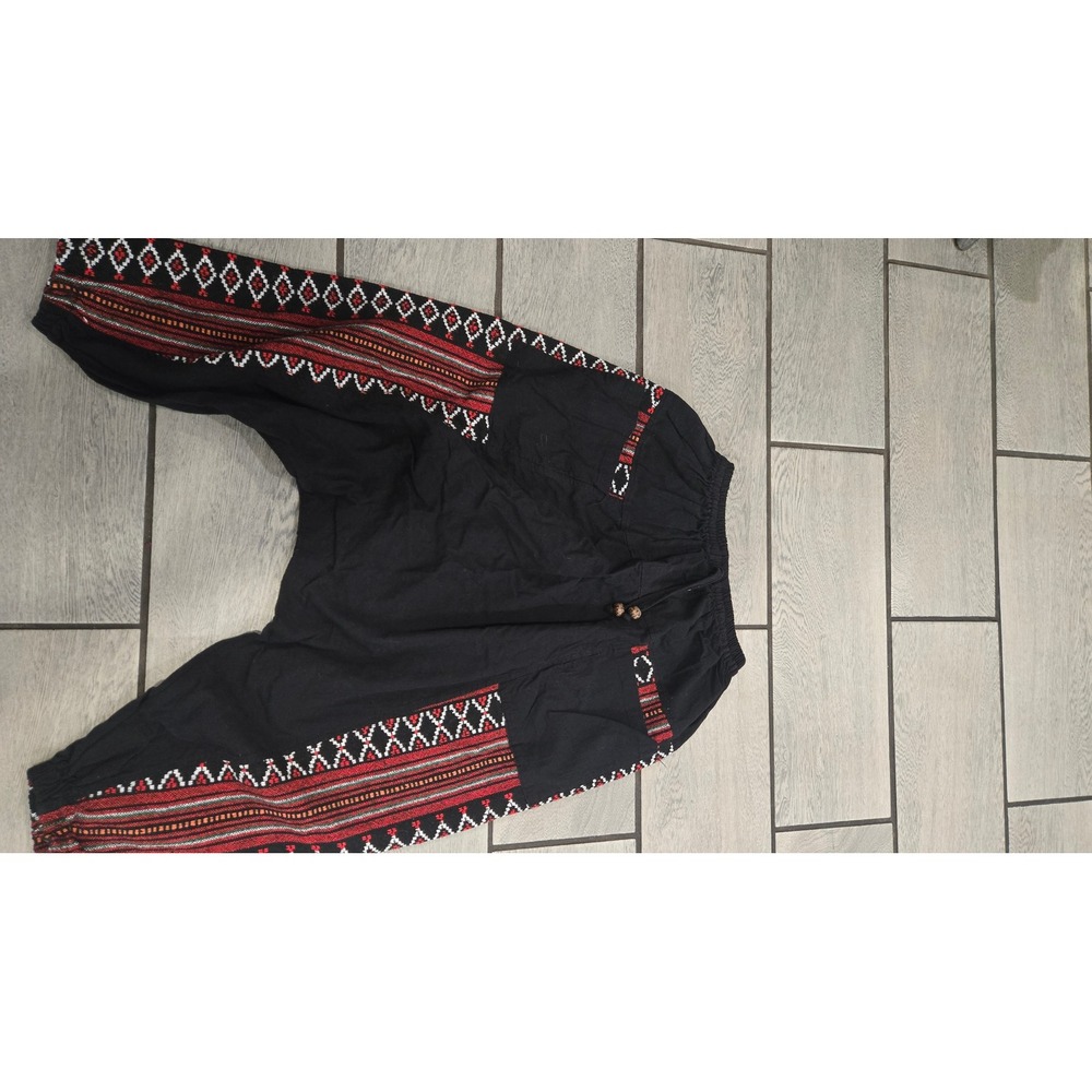 Boho Tribal Embroidered Drop Crotch Harem Pants Black Red Geometric Yoga Joggers - Picture 7 of 8